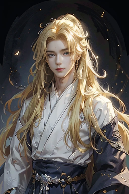 (extreamly delicate and beautiful:1.2), 8K, (tmasterpiece, best:1.0), , (LONG_blonde_HAIR_MALE:1.5), Upper body body, a long_haired male, cool and seductive, evil_gaze, wears white hanfu, and intricate detailing, and intricate detailing, finely eye and detailed face, Perfect eyes, Equal eyes, Fantastic lights and shadows、white room background、 Uses backlight and rim light