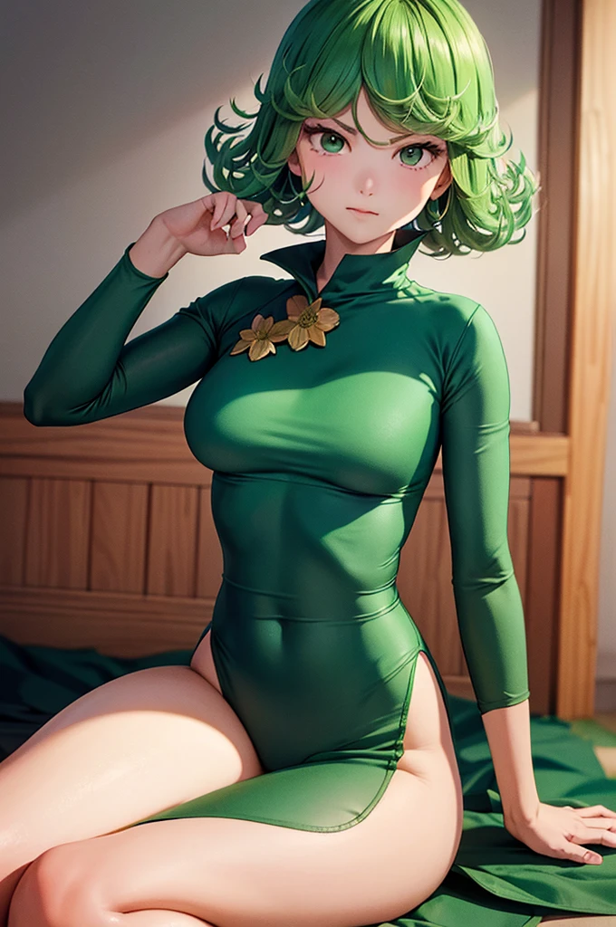 (Masterpiece, Best Quality:1.2), solo, 1girl, tatsumaki, unamused, closed mouth, looking a viewer, hand on our face, sitting, She wore Dunhuang flying clothes,big thighs