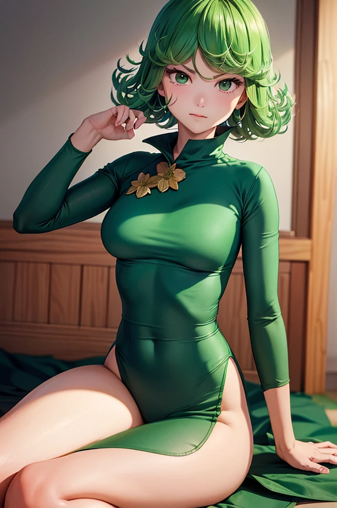 (Masterpiece, Best Quality:1.2), 独奏, 1girl, tatsumaki, unamused, closed mouth, looking a viewer, hand on our face, sitting, She wore Dunhuang flying clothes,big thighs