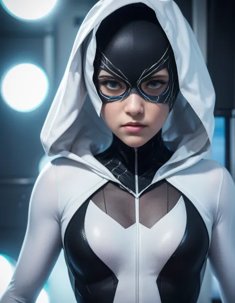 Ghost Spider, Gwen in a black costume with a white spider in the center of her chest, organic looking outfit, sticky forehead, s...