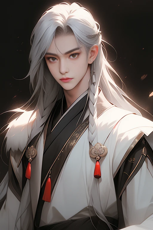 photorealistic, realistic, photography, masterpiece, best quality, ultra-detailed, gentle, 1boy, solo, long hair, chinese clothes, silver hair, 