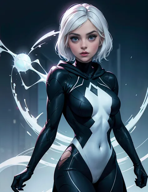 Ghost Spider, Gwen in a black costume with a white spider in the center of her chest, organic looking outfit, Fine art, ,Highly ...