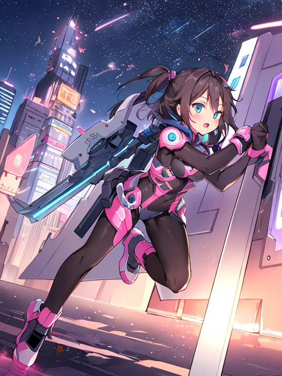 Extreme detail,masterpiece,futuristic city,girl with (energy shield):1.3,tight-fitting bodysuit,protecting herself from danger,using shield in battle,futuristic buildings,flying cars,shield growing brighter,repelling invader