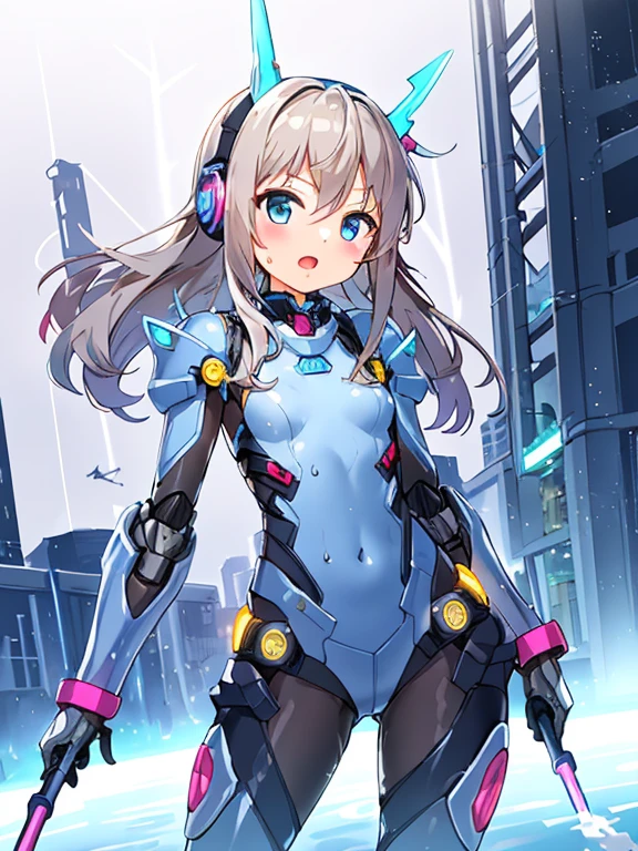 ((masterpiece:1.4、highest quality))+、(super detailed)+、
1 girl、cyberpunk city、flat chest、headphone、wavy hair、mecha clothes、(robot girl)、Cool move、Silver Bodysuit、colorful background、Wet day、(lightning effect)、Silver Dragon Armor、(cold face)、cowboy shot、pretty girl