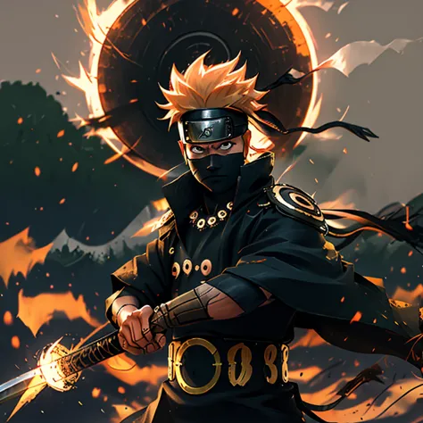 a captivating close-up portrait of uzumaki naruto, transformed into a ronin samurai, with unkempt sun-kissed hair, stern express...