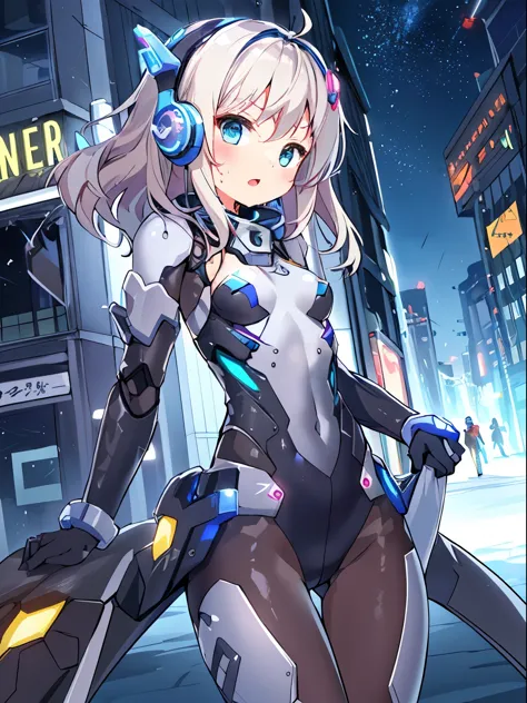 ((masterpiece:1.4、highest quality))+、(super detailed)+、
1 girl、cyberpunk city、flat chest、headphone、wavy hair、mecha clothes、(robot girl)、Cool move、Silver Bodysuit、colorful background、Wet day、(lightning effect)、Silver Dragon Armor、(cold face)、cowboy shot、pre...