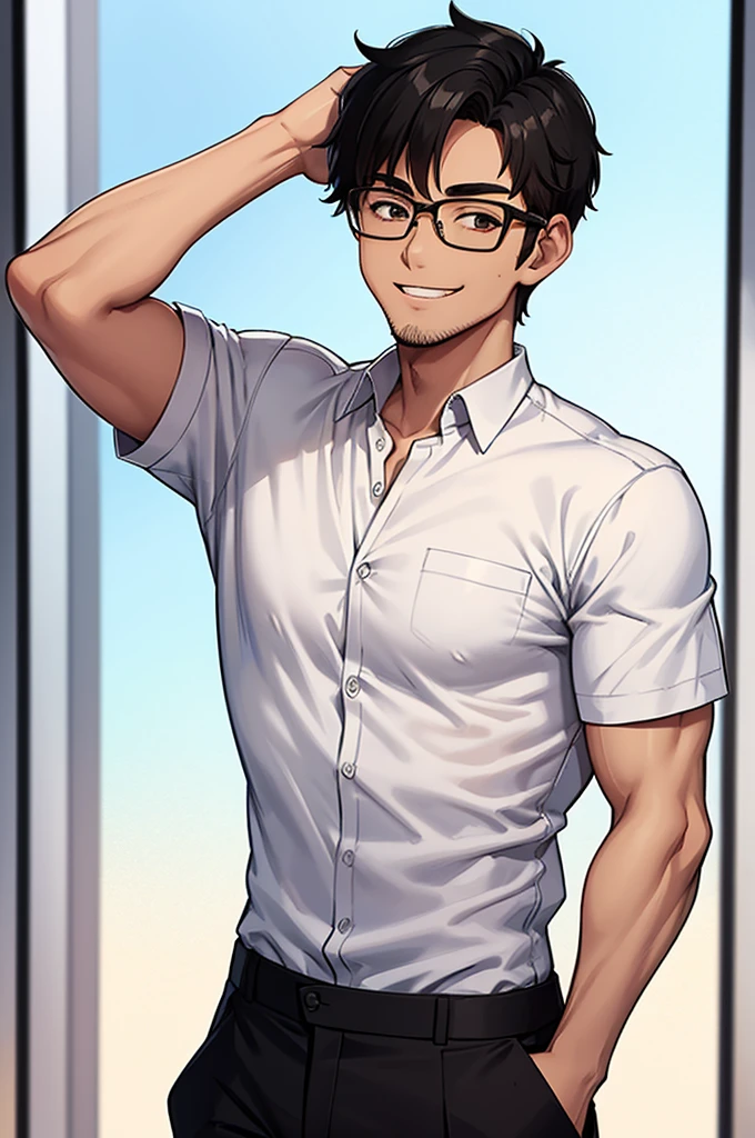 man, shaved beard, basic body, white shirt, black pants, rolled up sleeves, glasses, tanned skin, short black hair, smiling