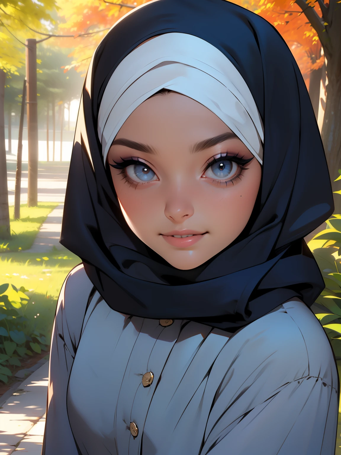 3dmm style, Masterpiece, realistic, best quality, best lighting, beautiful mature Czech woman, 1 girl photo solo, beautifully makeup, eyeshadow, Parted Lips, Detailed Eyes, beautiful big eyes, long eye lashes, dimples on the cheeks, smile, wearing ((Dark blue satin hijab)), loosely tide hijab style, ((gray satin shirt and satin long skirt)), (Half-body portrait), Front view, Symmetric Centre, facing the viewer, walking on trails autumn garden.