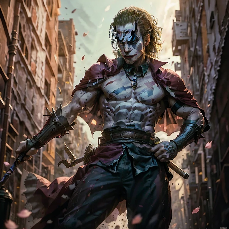 masterpiece, top quality, 4K UHD,
solo,
Joker, Ronin, Samurai,
dark alley, night, moonlit,
swords, katana, armor,
serious, intense, focused,
shadows, dramatic, asymmetrical lighting,
traditional Japanese tattoo sleeves, cape, mask,
detailed, intricately designed, lifelike,
realistic, photorealistic rendering,
dramatic pose, leaning on a sword,
background, cherry blossom trees, ancient castle ruins.