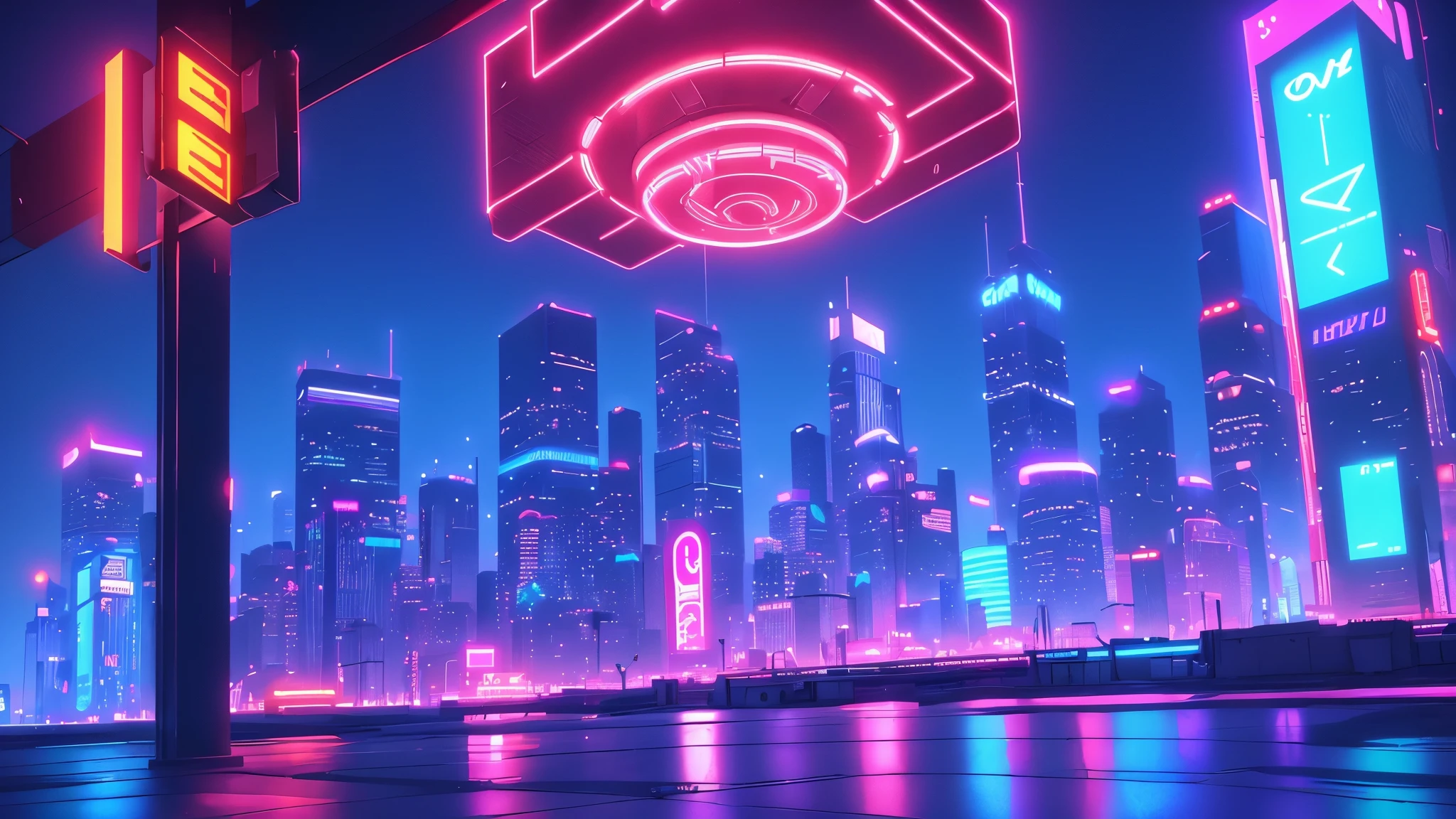 A city skyline, neon lights, cyberpunk, hard surface modeling, blue keylight, volumetric pink lighting, high quality