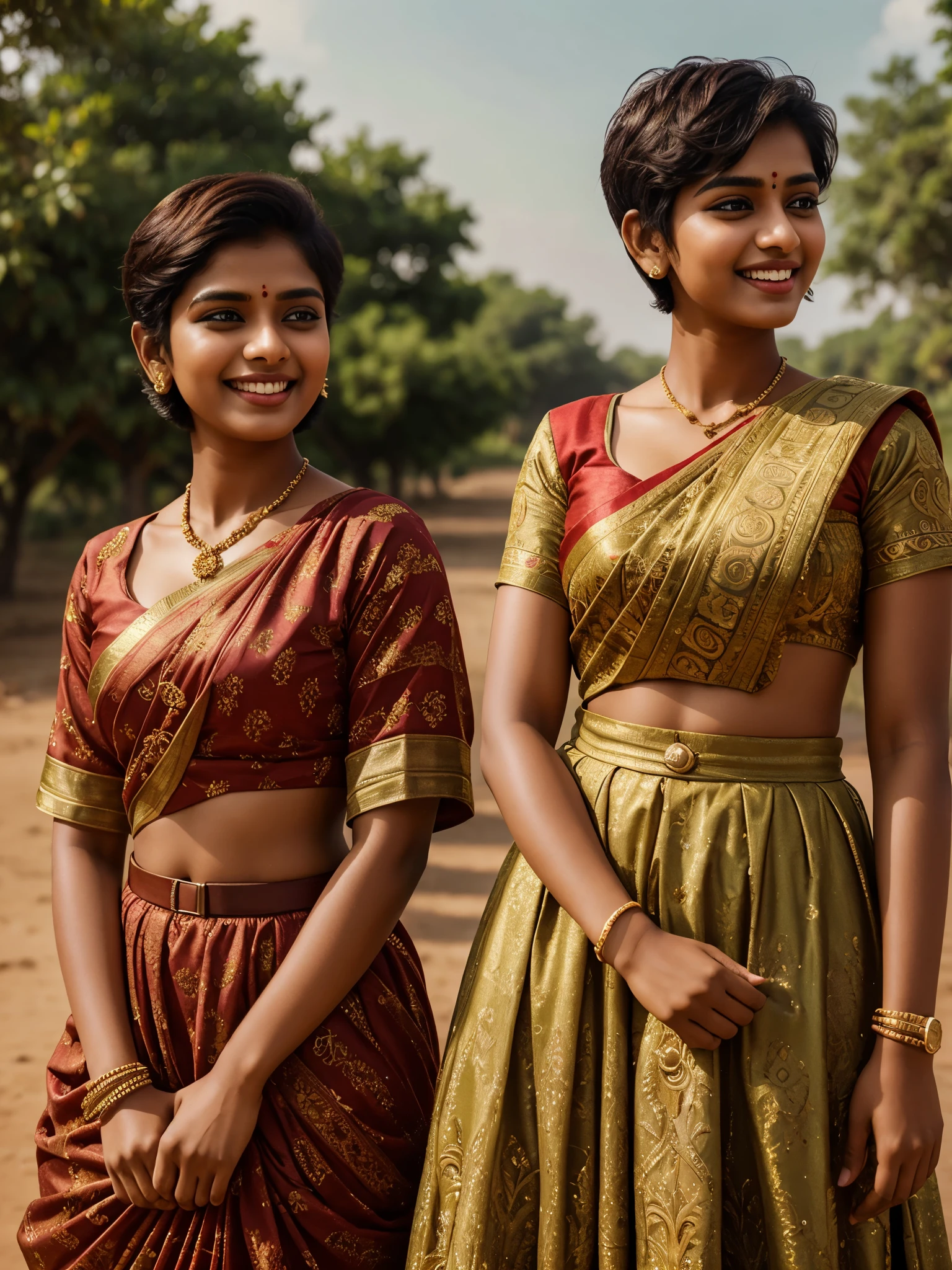 Two women in traditional indian attire standing in a dirt road - SeaArt AI