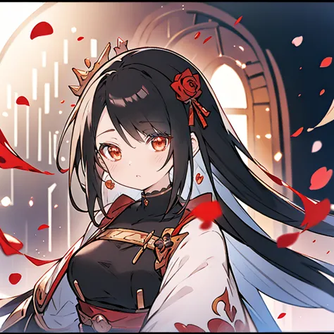Anime girl with long black hair and white dress with red roses, Gweiz, Gweiz on pixiv artstation, detailed digital anime art, be...