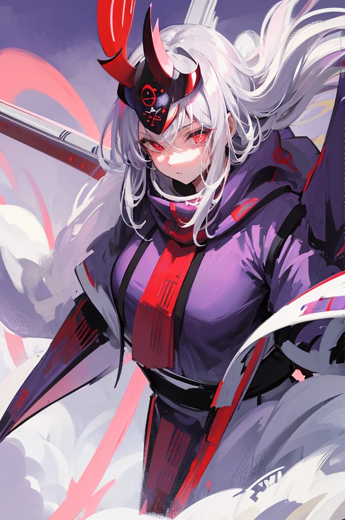 woman, grey kimono, wearing samurai demon helmet, purple clouds, long grey hair, red glowing eyes, wearing torn silk scarf