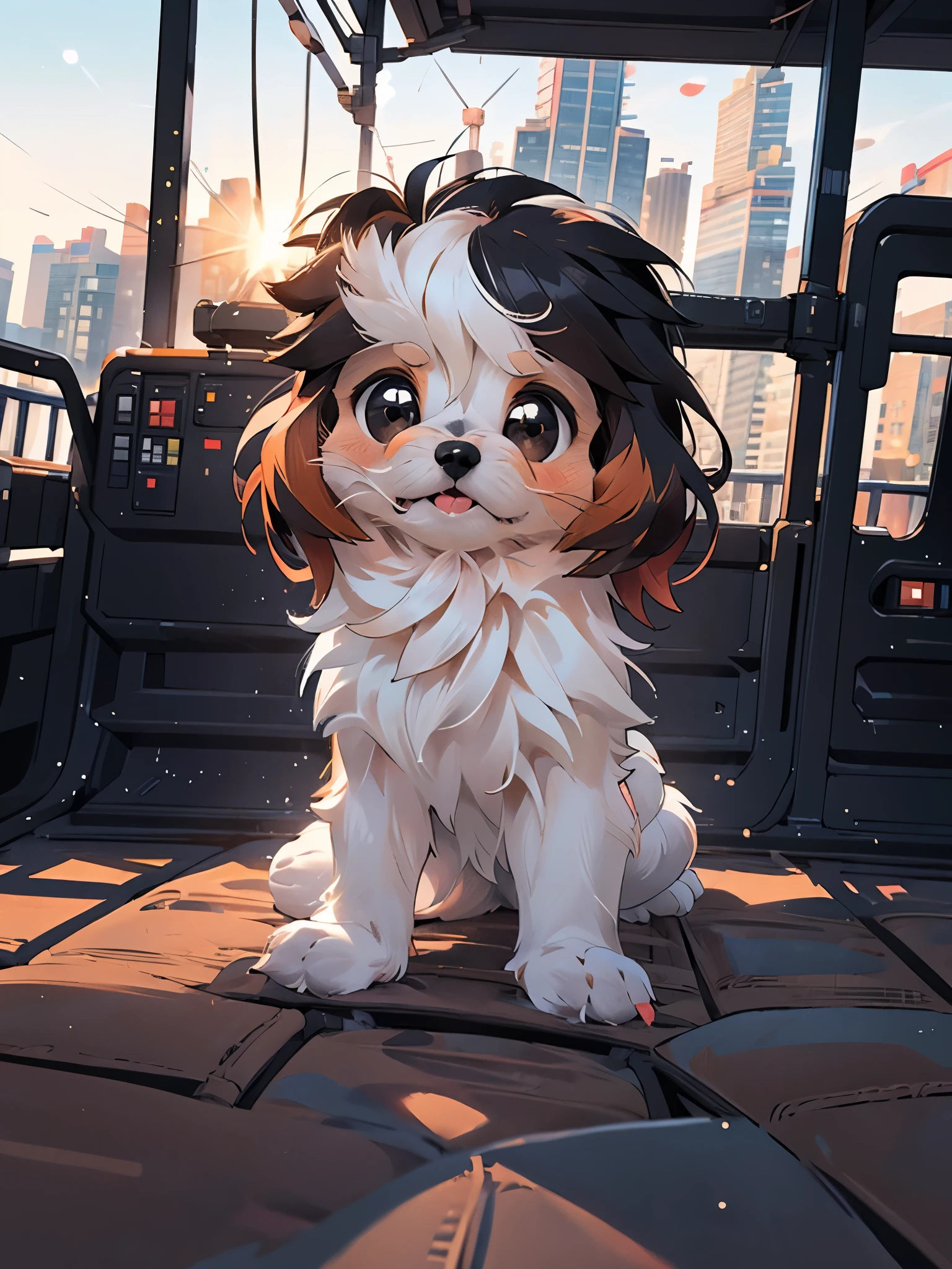 (((pixelgenau, detailgenau))), kleiner Hund, nur konzentrieren, Niedlich, Kawaii, Cartoon-artig, schwarze Augen, schwarz-weißes Fell, Kavalier King Charles Spaniel, vor einem Streifenwagen, toronto stadt hintergrund, Cowboy-Schuss, Sonnenuntergang, Glücklich, keine Kleidung, auf allen Vieren