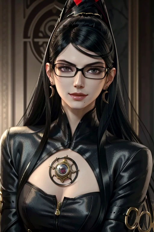 Bayo, bayonetta, 1 girl, alone, mole under mouth, Glasses, black hair, mole, jewelry, compensate, earrings, smile, eye shadow, portrait, long hair, lips, lipstick, gray eyes
