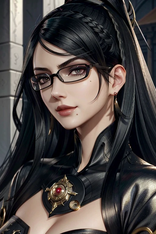 Bayo, bayonetta, 1 girl, alone, mole under mouth, Glasses, black hair, mole, jewelry, compensate, earrings, smile, eye shadow, portrait, long hair, lips, lipstick, gray eyes
