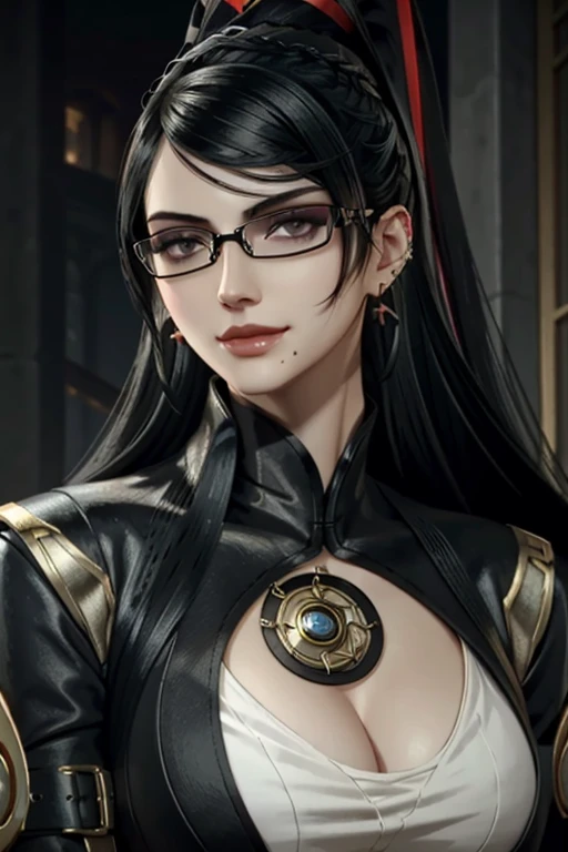 Bayo, bayonetta, 1 girl, alone, mole under mouth, Glasses, black hair, mole, jewelry, compensate, earrings, smile, eye shadow, portrait, long hair, lips, lipstick, gray eyes
