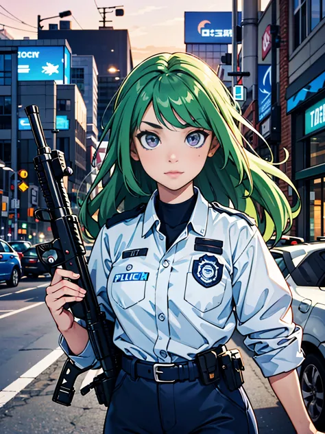 (((pixel-perfect, detail-perfect))), 1girl, solo focus, canadian police officer, SWAT uniform, SWAT gear, pants, green hair, long hair, purple eyes, using rifle, m4a1, in front of a patrol cruiser, toronto city backdrop, cowboy shot, sunset, pixel-perfect,...