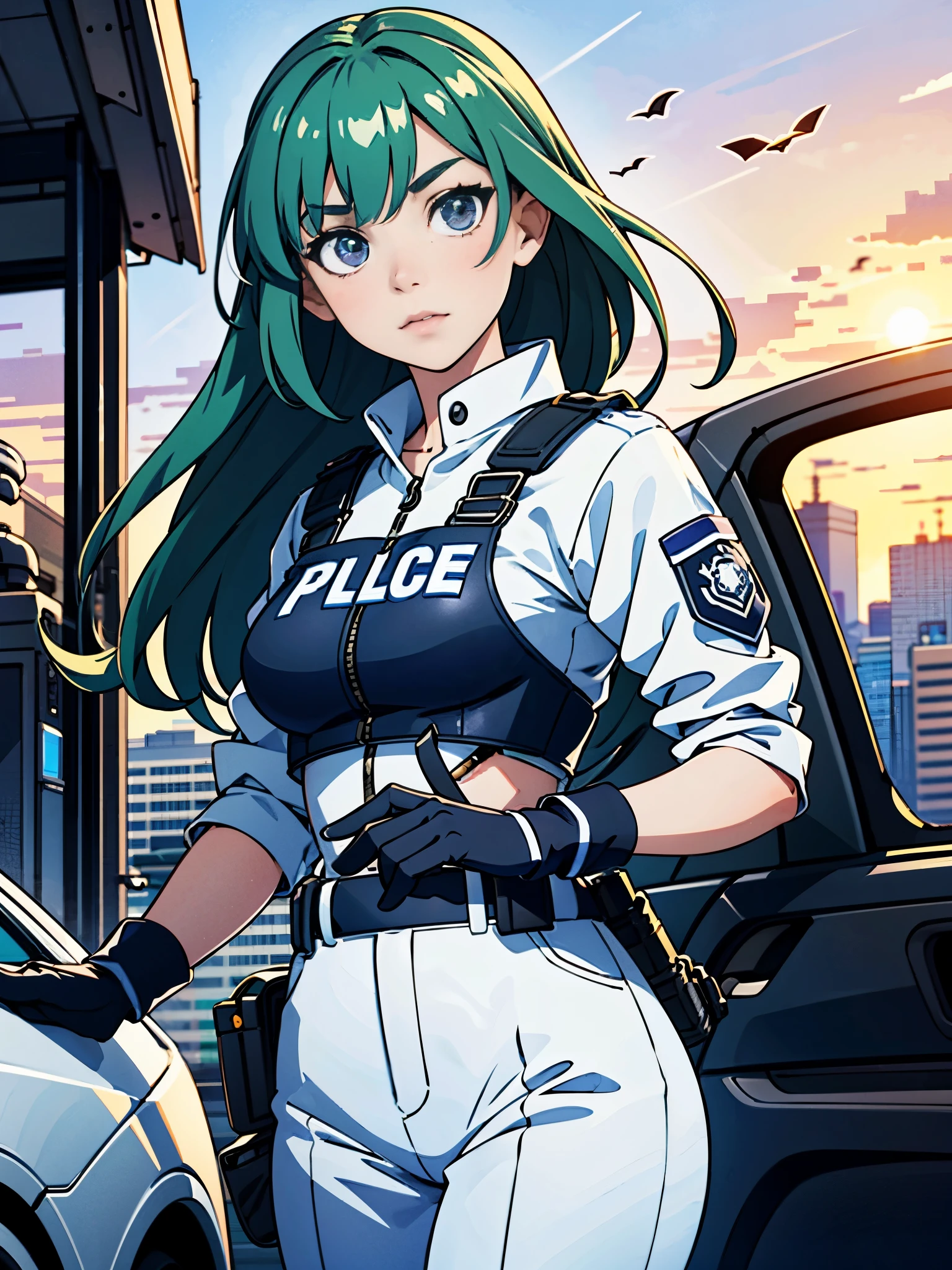 (((pixel-perfect, detail-perfect))), 1girl, solo focus, canadian police officer, SWAT uniform, SWAT gear, pants, green hair, long hair, purple eyes, using rifle, m4a1, in front of a patrol cruiser, toronto city backdrop, cowboy shot, sunset, pixel-perfect, detail-perfect, curious look on her face, ultra highres, absurdres, beautiful face, detailed eyes, symmetric eyes, perfect body, good proportions, adetailer