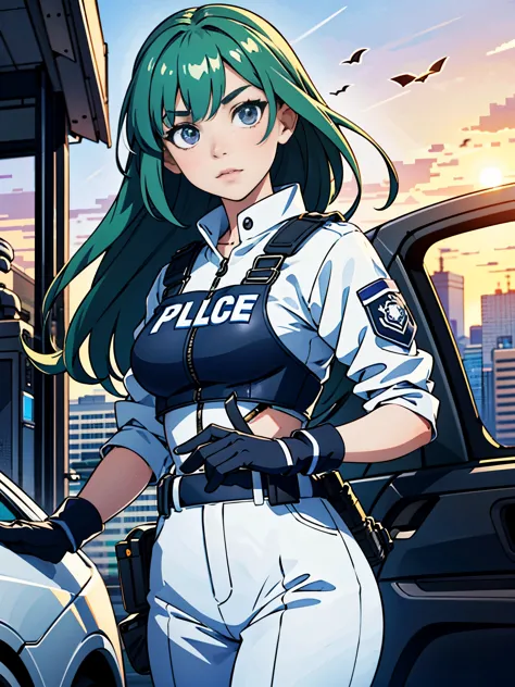 (((pixel-perfect, detail-perfect))), 1girl, solo focus, canadian police officer, SWAT uniform, SWAT gear, pants, green hair, lon...