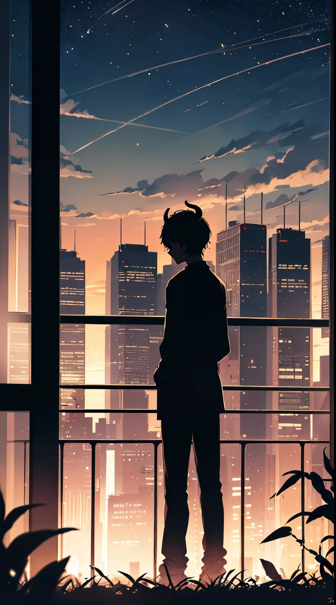 (1boy,20 years old,mature male),(dark skin),Short hair,black hair,elf ears,(horns),silhouette,cloud, cityscape, city, outdoors, skyscraper, city lights, (night, night sky),(from back),standing,propped up against a wall