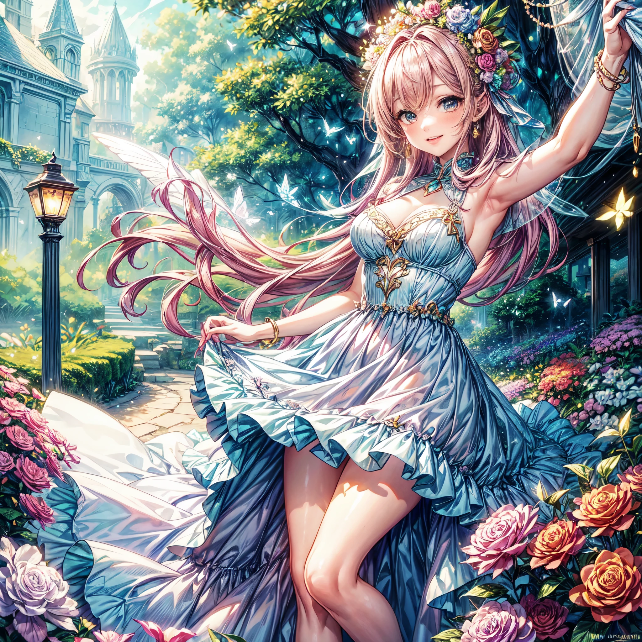 (best quality, 8k, masterpiece:1.2, nsfw ), Cutest,Cute girl, mesugaki, Beautiful face, Beautiful eyes, Beautiful hair, Light pink hair, Lots of colorful flowers, sunshine, peaceful garden, summer dress, smiling, golden hour lighting, vibrant colors, happy and thankful expression,　
soft breeze, gentle makeup, freckles, blonde hair, flowing dress, pastel colorairytale atmosphere, fluttering butterflies, dreamy atmosphere), vivid greenery, smile, posing like an angel,