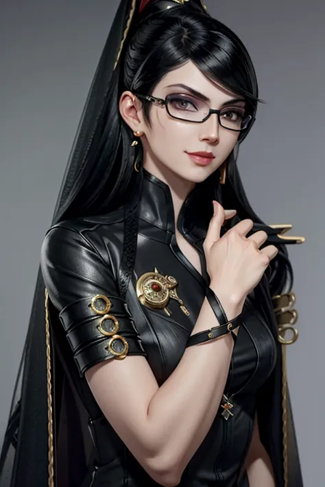 bayo, bayonetta, 1 girl, alone, mole under mouth, glasses, black hair, mole, jewelry, compensate, earrings, smile, eye shadow, p...