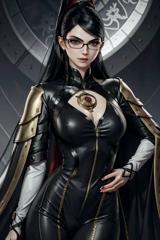 Bayo, bayonetta, 1 girl, alone, mole under mouth, Glasses, black hair, mole, jewelry, compensate, earrings, smile, eye shadow, portrait, long hair, lips, lipstick, gray eyes,whole body
