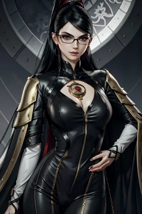 bayo, bayonetta, 1 girl, alone, mole under mouth, glasses, black hair, mole, jewelry, compensate, earrings, smile, eye shadow, p...