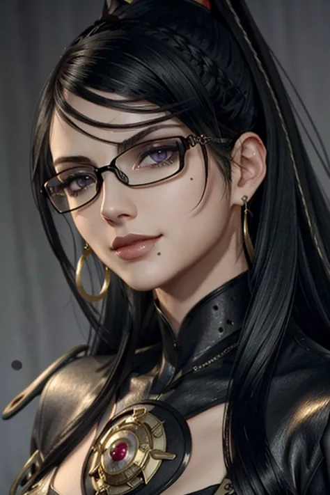 bayo, bayonetta, 1 girl, alone, mole under mouth, glasses, black hair, mole, jewelry, compensate, earrings, smile, eye shadow, p...