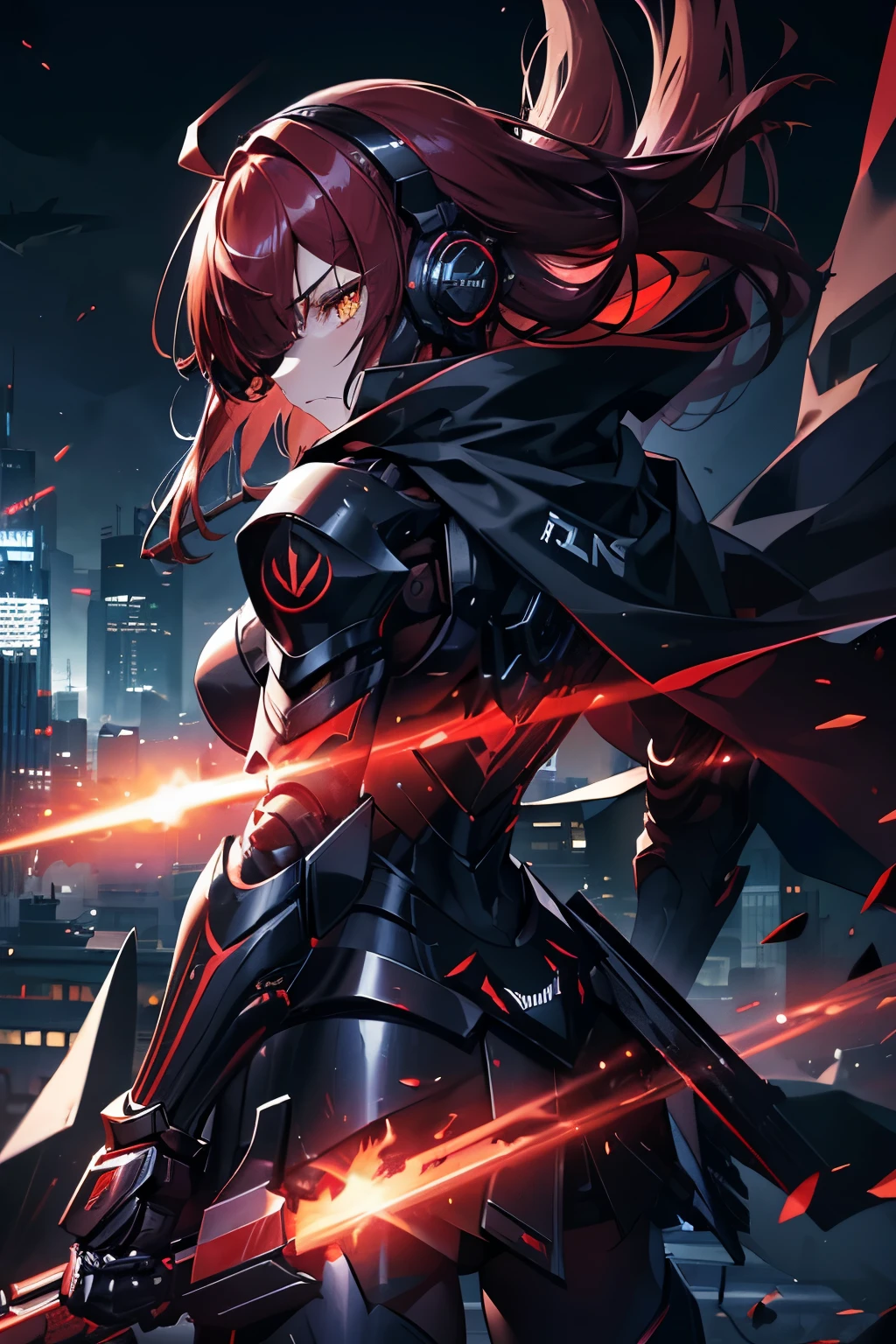 tactical night ninja girl, (yellow eyes), ((long blunt dark red hair)), (((bangs covering over one eye))), ((mechanical headphones)), angry expression, highly detailed, (sleek dark blue and red high-tech tactical power armor with a black cape cloak skirt), (back turned pose), (looking behind her), (rooftop in a well light futuristic sci-fi cyberpunk city), best quality, sharp well-defined linework, high quality, 8k professional picture