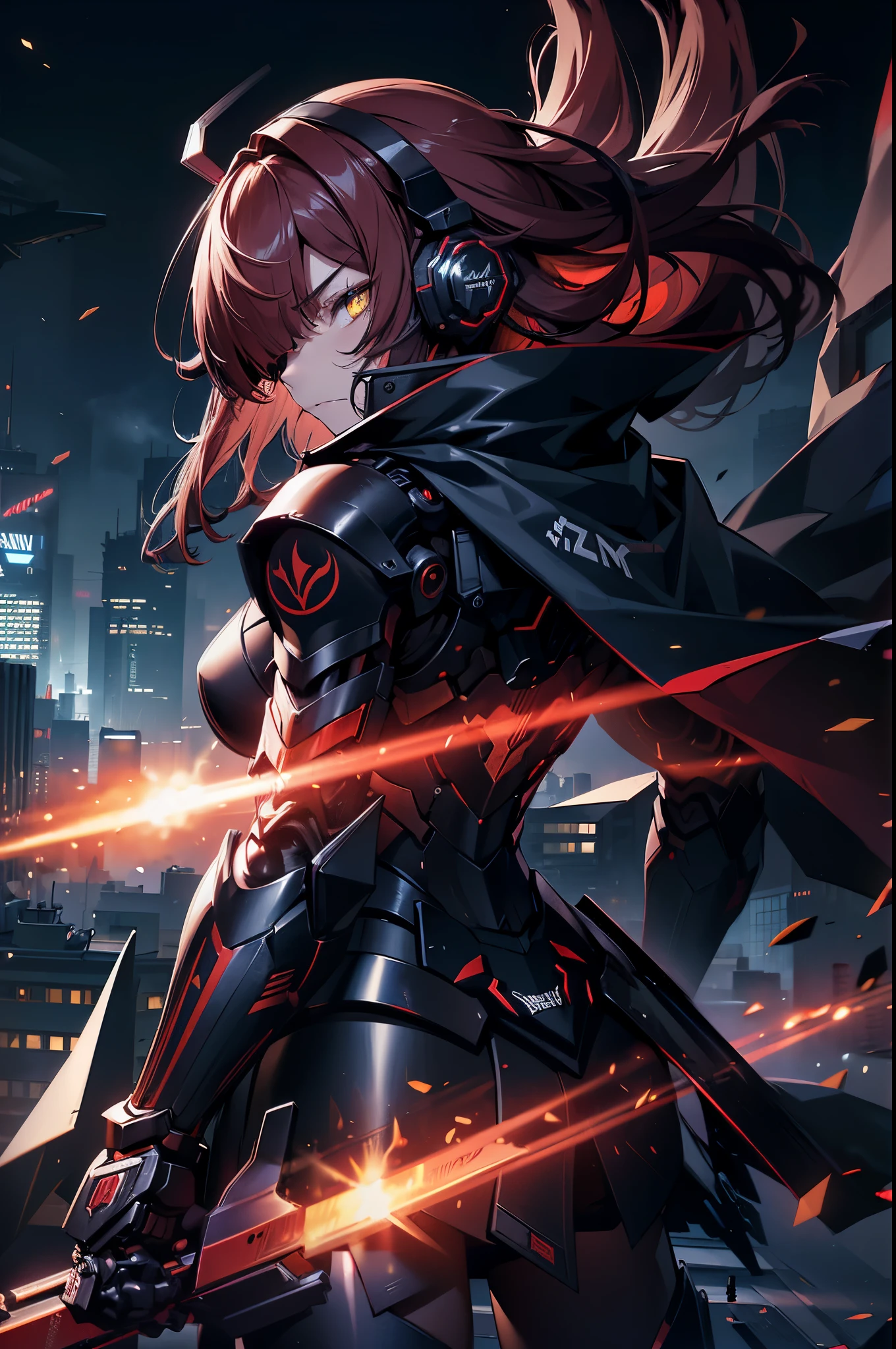 tactical night ninja girl, (((yellow eyes))), ((long blunt dark red hair)), (((bangs covering over one eye))), ((mechanical headphones)), angry expression, highly detailed, (sleek dark blue and red high-tech tactical power armor with a black cape cloak skirt), (back turned pose), (looking behind her), (rooftop in a well light futuristic sci-fi cyberpunk city), best quality, sharp well-defined linework, high quality, 8k professional picture