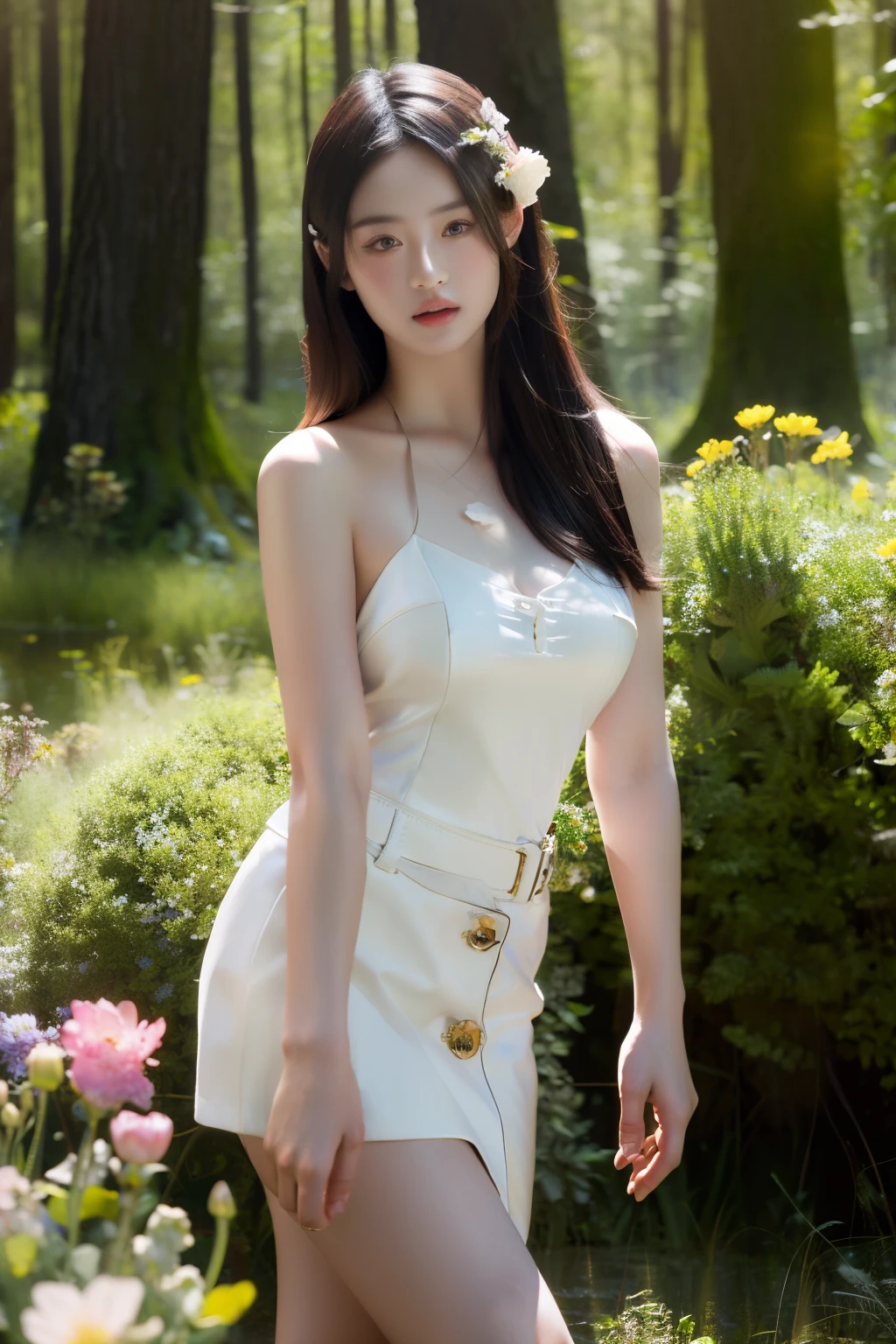 (realistic), (hyperrealism),best quality, masterpiece,ultra high res, (photorealistic:1.4),1girl,(looking at viewer), forest, flowers, sunlight,
Short and sexy skirt, cowboy shoot, expressionless face, nude breasts,  big large breasts 