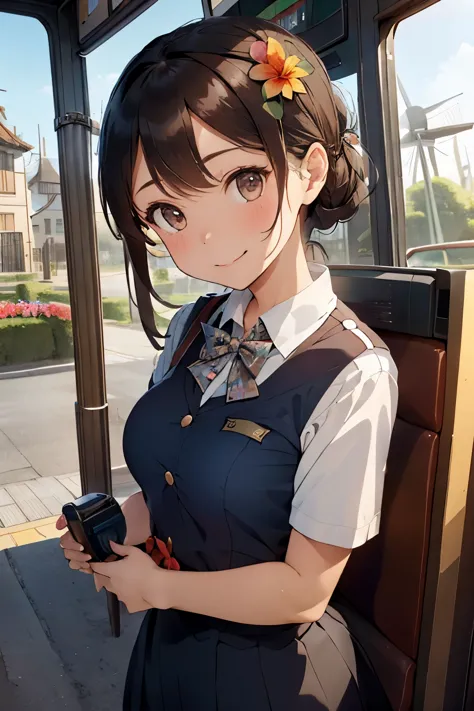 (brown hair:1.2),(hair tied up:1.3),(with bangs:1.25),(brown eyes:1.4),(eye size:1.5),(sightseeing busのガイドの制服:1.3),(cabin attend...