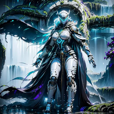 cyberfusion, ((female paladin robot cyborg)) white armor, white metal mask, purple cloak, in ancient stone ruins, full body, ful...