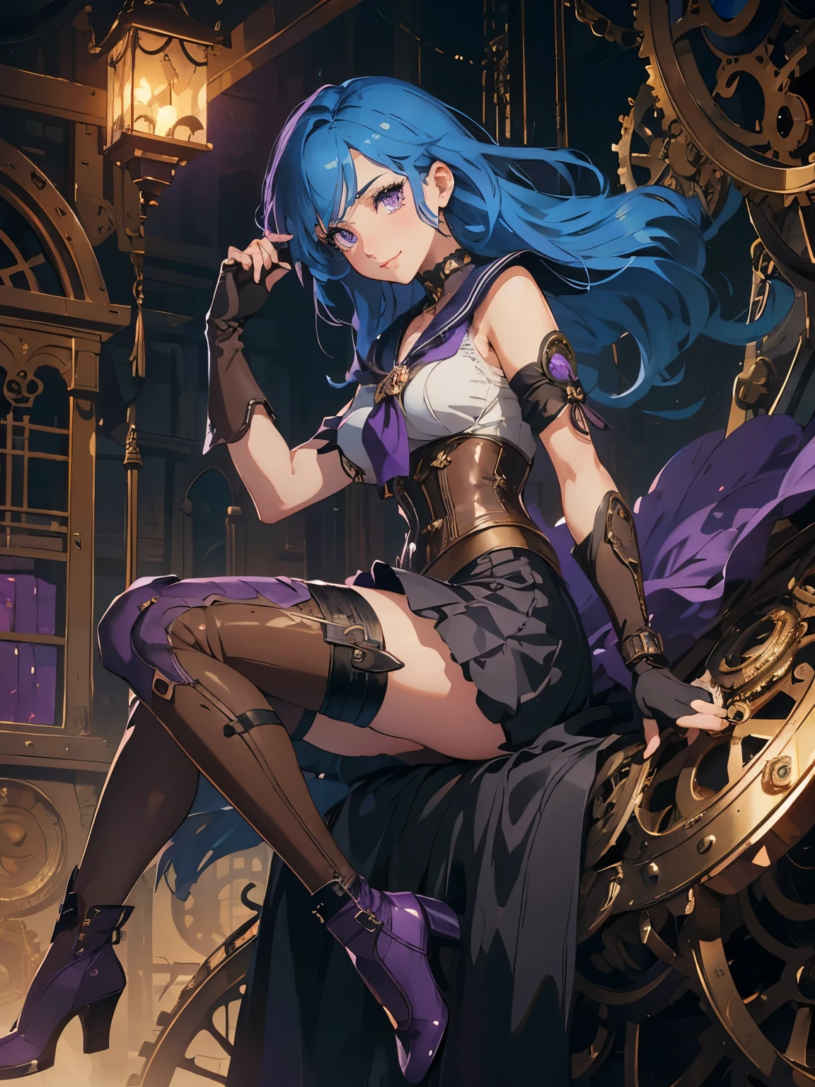 masterpiece, high quality, illustration, extremely detailed, steampunk town, wearing on street, 1_women, (bright blue hair), medium length hair, cute bangs, flowing hair, (exotic skin_complexion:1.4),mature, tall, beautiful, exotic, elegant, slim, (((sailor collar))), black thigh highs, choker, medium bust, (brown steampunk corset), black Lolita style skirt, knee high brown boots with laces, black elegant elbow gloves, diamond shaped eyes, (((purple eyes))), dark_eyeliner, long_eyelashes), natural dynamic lighting, smiling, happy, steampunk,