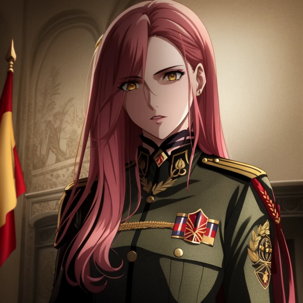 Imagine a Spanish military woman with long pink hair, emanating a malevolent presence, featuring captivating yellow eyes and a striking beauty. Against the backdrop of the Spanish flag and a female army, set the scene amidst the chaos, destruction, and turmoil of the Spanish Civil War. Placed in Madrid, depict her as a powerful, yet enigmatic figure, with an added touch of allure, navigating the complexities of war in this historical context.