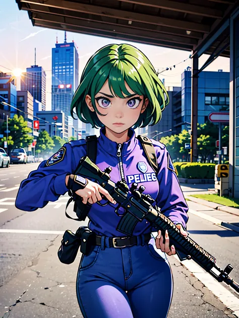 (((pixel-perfect, detail-perfect))), 1girl, solo focus, canadian police officer, SWAT uniform, SWAT gear, pants, green hair, short hair, ((purple eyes)), ((using weapon, using rifle, using m4a1)), in front of a patrol cruiser, toronto city backdrop, cowboy...