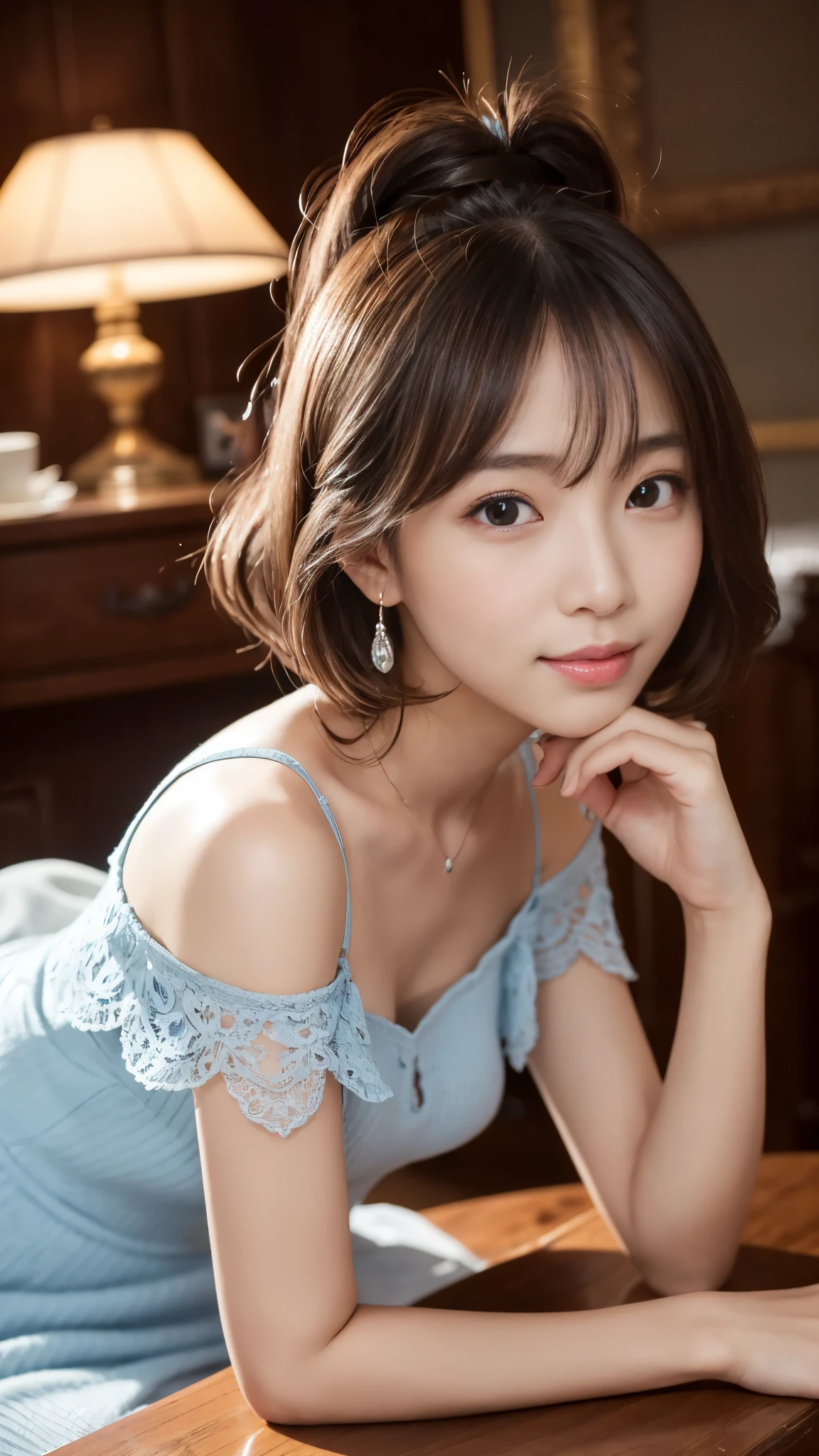 (A very cute 20 year old young woman from Japan),  ((delicate hair between brown and blonde)), ((messy side wave short hair)),medium bust size､small breasts､ (((Clean hands)))，(curly hair)，(((very kind smile))), (((she wears black lace panties)))，(((Wearing a super short light blue knit dress)))，(((I&#39;m wearing a light blue knit dress。))) ((top quality, 16K, table top: 1.3)), light shines on your face, highly detailed face, highly detailed lips, fine eyes, city street，angle from below:1.5，Holding nothing in the hands、