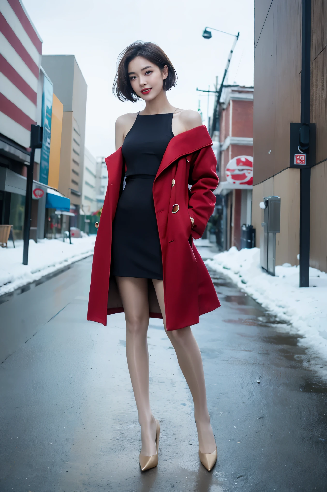 best quality, 4K, 8k, Detailed faces, clear face, full-body shot，beautiful girl, Korean makeup, red lips, smilingly, Perfect body,shoulder-length short hair,small,Leg length,Slim,thin, girl wearing long and wide coat, Under the jacket is the top tube and tying, lower abdomen, snow scene, Winters, street,