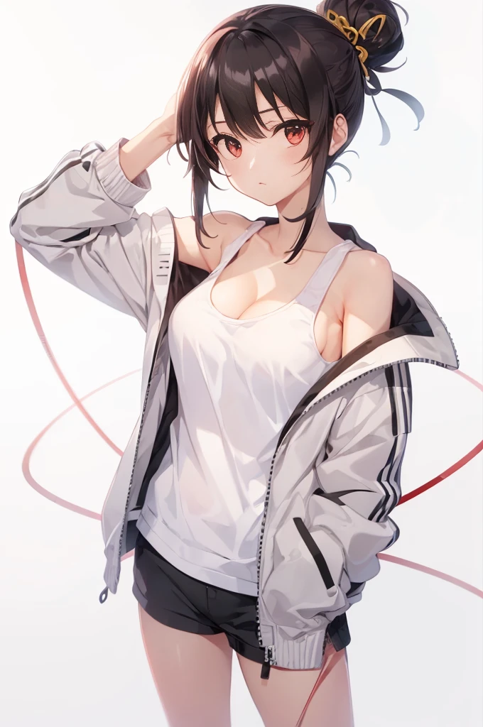 (((highest quality, High resolution, Japan Manga))) , red eyes, 1 girl, alone, looking at the viewer, topknot,bun hair, black hair, long sleeve, cleavage, medium breasts, closed mouth, clavicle, white tank top, Open Parka, black hoodie, shorts,cool beauty,Two-dimensional beautiful girl,Japan anime beautiful girl,((Tie your hair with a red string))