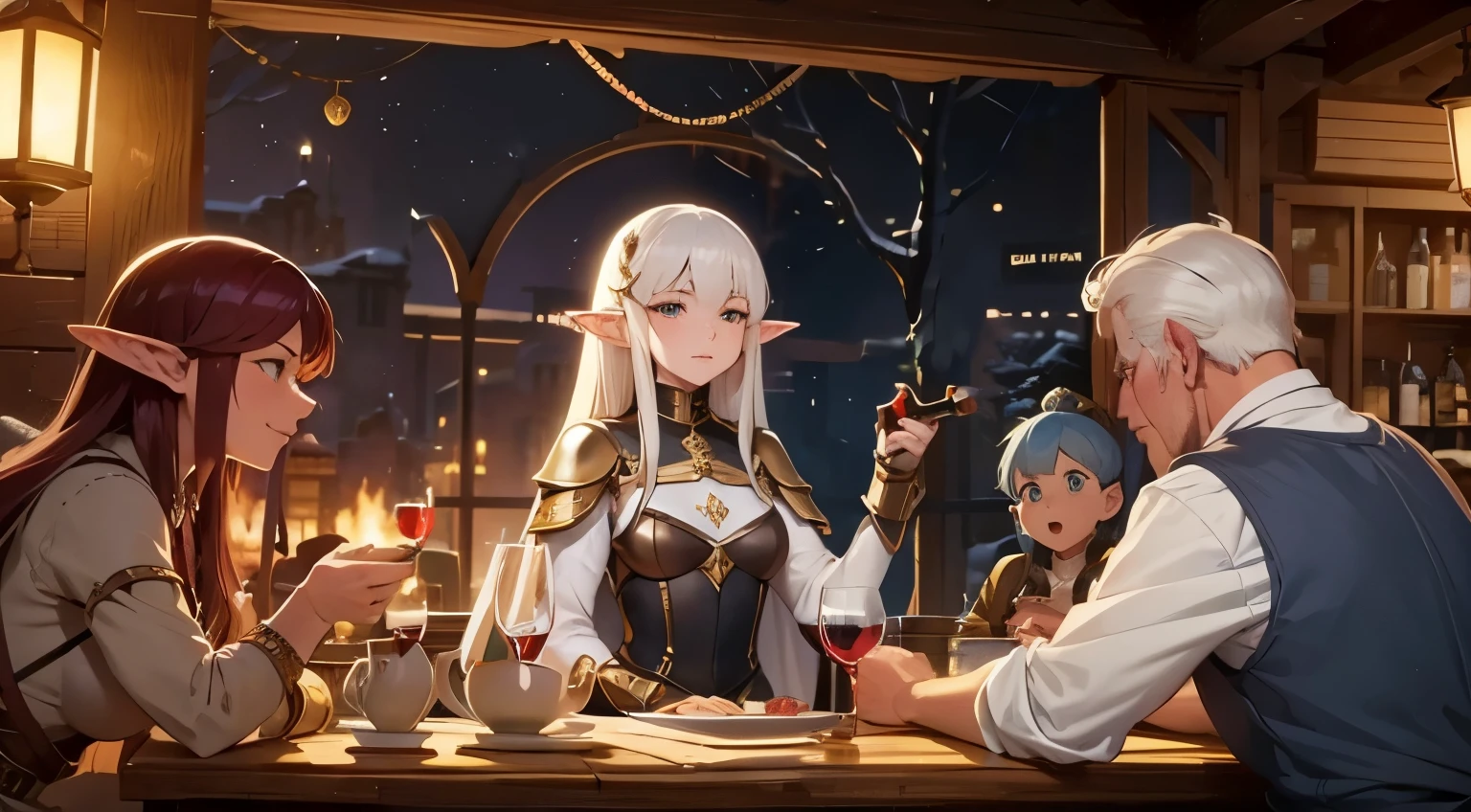 ganerate sitting beautiful elf woman wearing modest iron armour with white long hair, catting and holding a wine enliven the atmosphere, beautiful, pretty, clear face, perfect anatomy