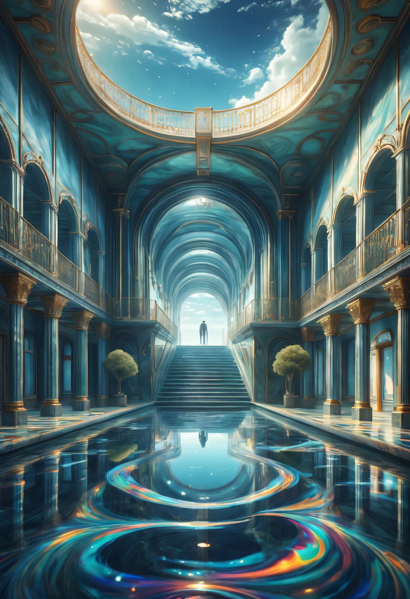 （Meilleure qualité，4k，immeuble de grande hauteur）。Musée d&#39;art de l&#39;illusion d&#39;optique，labyrinthe de miroirs，surface réfléchissante，Eau gazeuse，Reflets de la lumière du soleil，atmosphère mystérieuse，beauté éthérée，Des effets de lumière éblouissants，Excellent，Paysage irréel，chemin complexe，Couloir en miroir，des couloirs apparemment interminables，motif charmant，couleurs luminescentes，verre translucide，mind pliant，irréaliste，D&#39;un autre monde，torsion ondulée，Une attention méticuleuse aux détails，majestueux，Yacht passant par là，horizon lointain，Atmosphère paisible，ciel clair，Vue mer au calme，sensation de luxe，évasion paisible，labyrinthe d&#39;hallucinations，secrets cachés，Désorientation，point de vue mystérieux，aventure mystérieuse，reflets multiples，royaume magique，vent bruissant，Nuances vibrantes，consister en，pliant，voyage imprévisible，Ambiance charmante