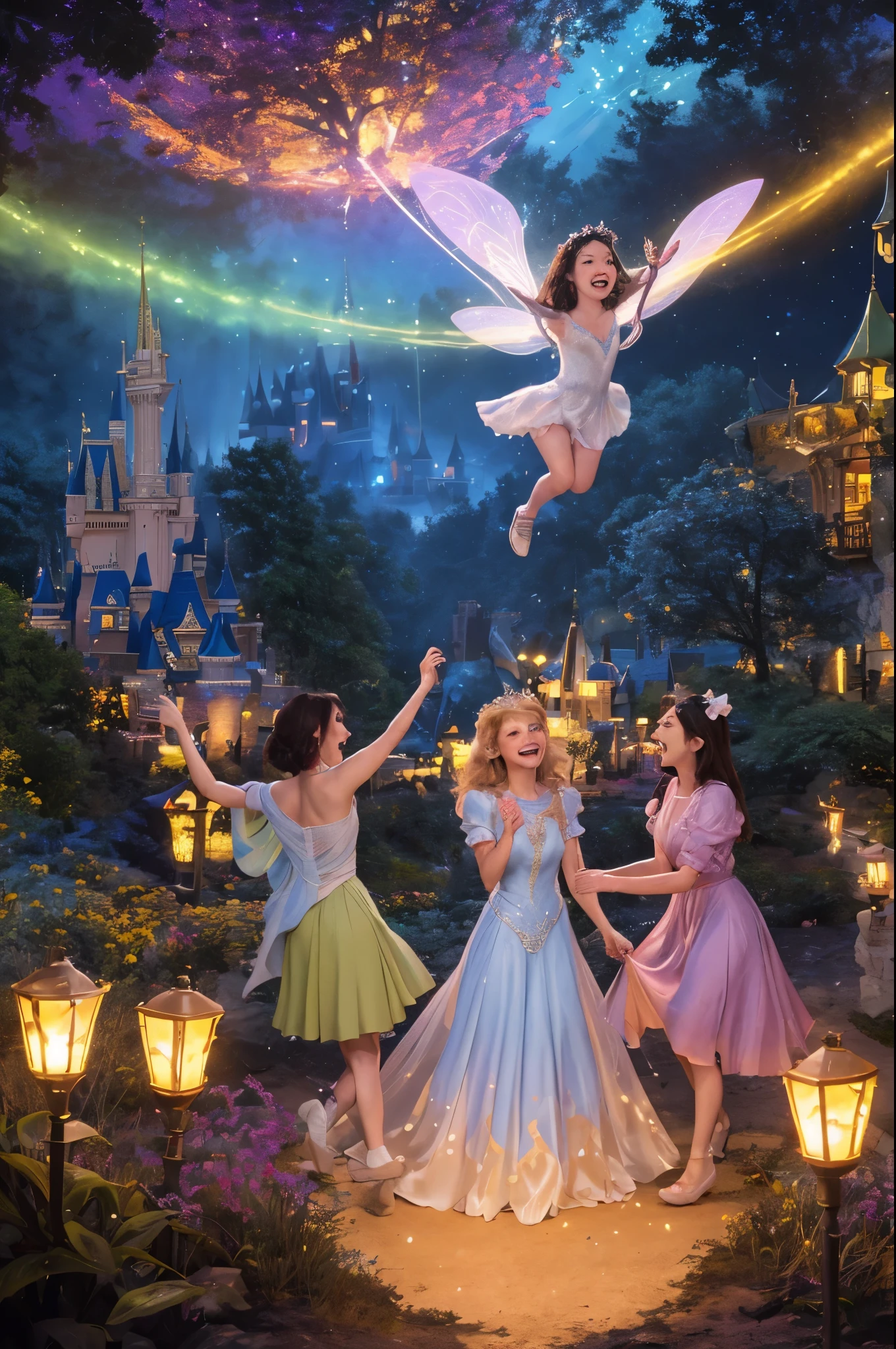 Disney princesses in fairy costumes dancing in front of a castle - SeaArt AI