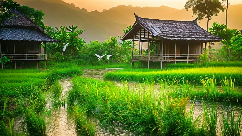 A close-up image of a malay village house by the stream and paddy fields view at dawn with birds and dews, sunrise, nature photography, light bokeh, soft lighting