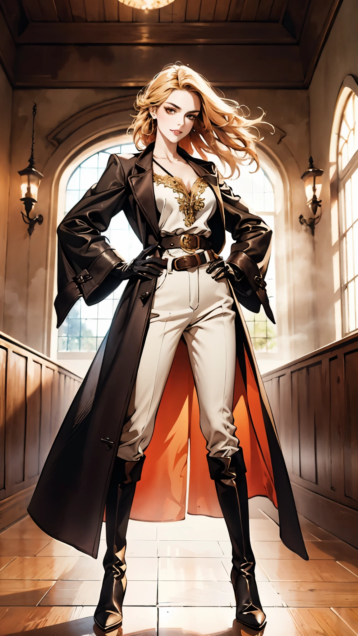 A beautiful woman with flowing orange long hair, exquisite facial features, a playful smile, confident eyes, a tall figure, a two-piece fantasy-style pirate robe coat, yellow as the main color, complemented by red accents, long wrist guard gloves on her hands, a gold belt around her waist with a short hem, leather pants, knee-high boots, standing with her hands on her hips in front of a fantasy medieval-style port tavern, this character embodies a finely crafted fantasy-style female pirate in anime style, exquisite and mature manga art style, high definition, best quality, highres, ultra-detailed, ultra-fine painting, extremely delicate, professional, anatomically correct, symmetrical face, extremely detailed eyes and face, high quality eyes, creativity, RAW photo, UHD, 8k, Natural light, cinematic lighting, masterpiece-anatomy-perfect, masterpiece:1.5