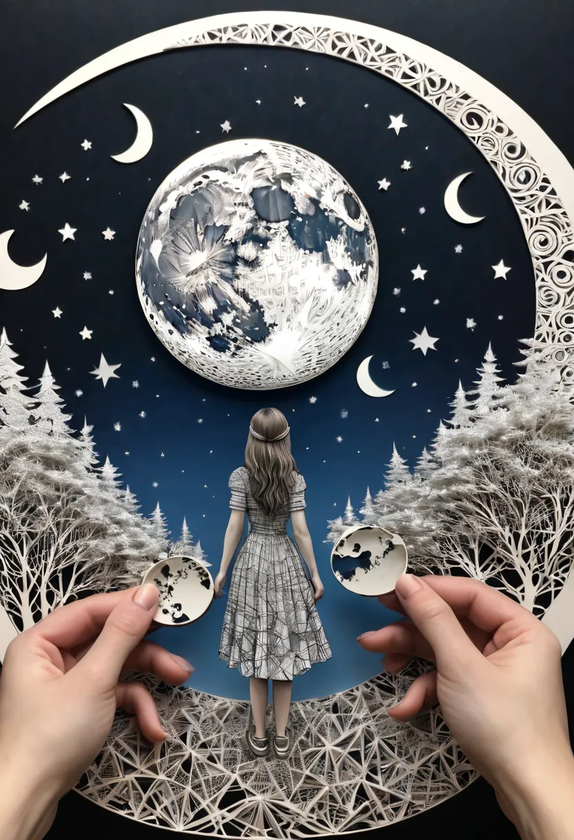 optical illusion, a girl in the distance, it seems that she is holding the moon in her hands, distant shot and close shot, optic...