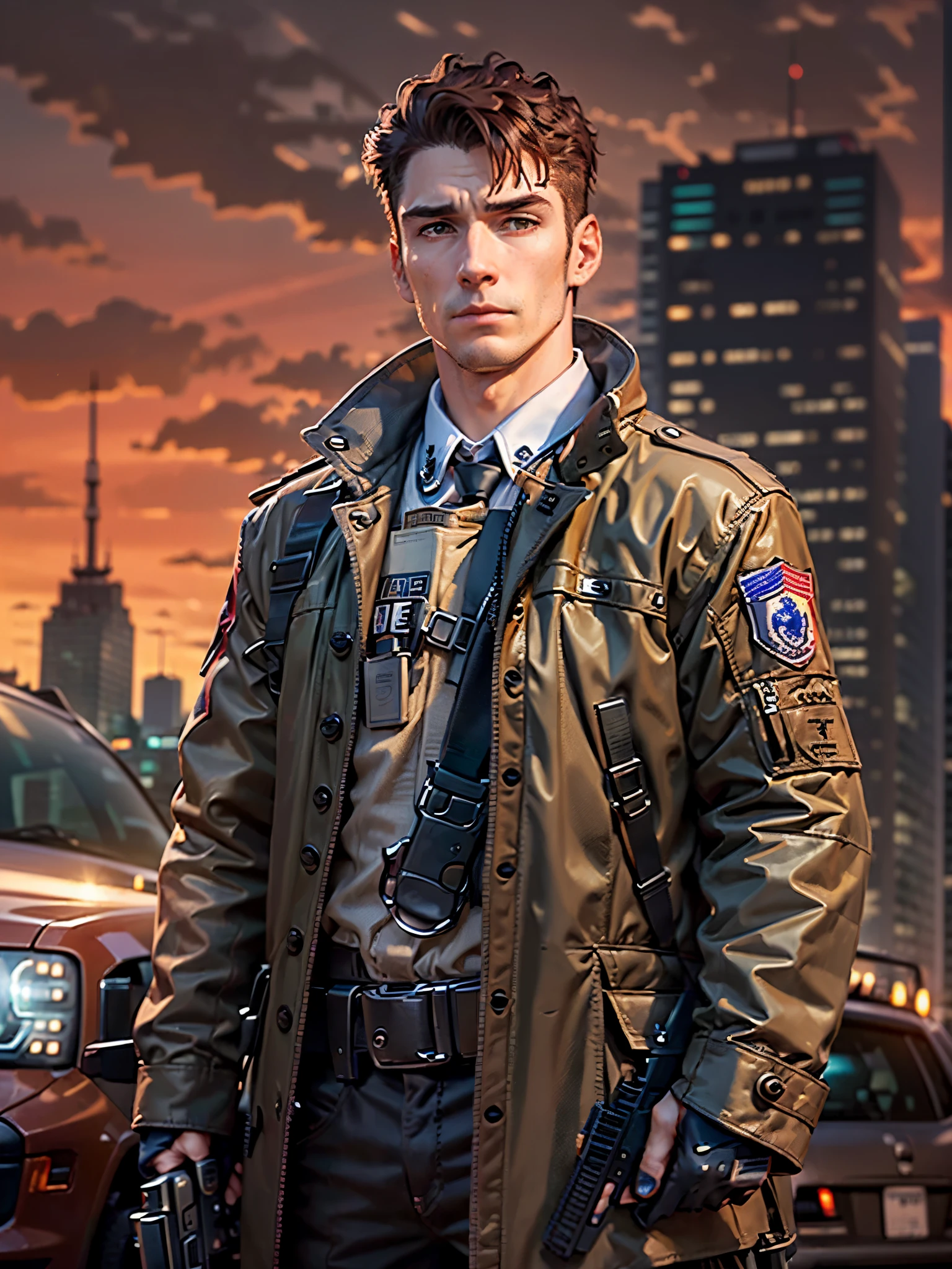 (((pixel-perfect, detail-perfect))), 1boy, male focus, solo focus, mature adult, canadian police officer, detective, dark brown suit and tie, trenchcoat, brown hair, dark hazel eyes, ((using handgun, Glock17)), in front of a patrol cruiser, toronto city backdrop, cowboy shot, sunset, serious look on his face, no hat