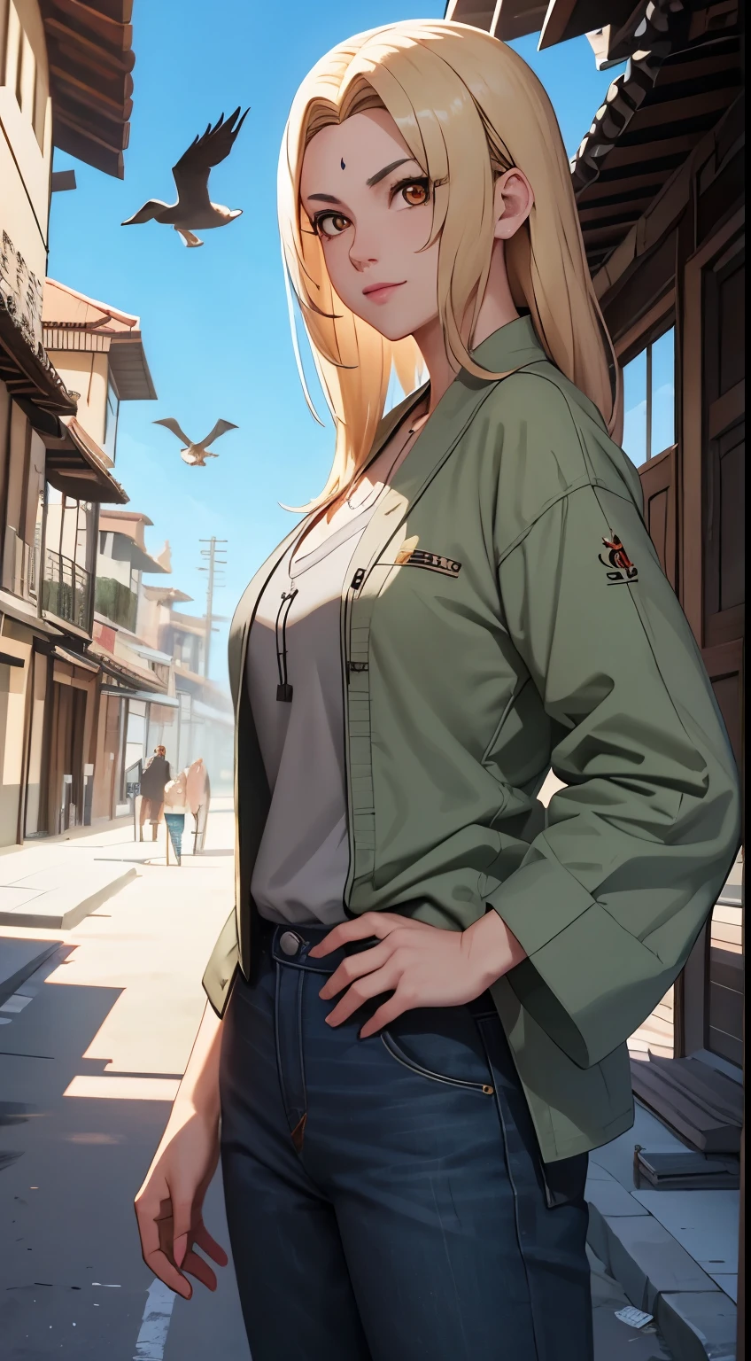 （tmasterpiece：1.blonde elo，green shelter，gold eyes，smile，huge and slightly fat breasts with a red face，Best Quality，He is very detailed，bust photo，Get closer to the lens，SFV，delicate and beautiful face，Beach on the sea，Sun rays，baiyun，flying birds