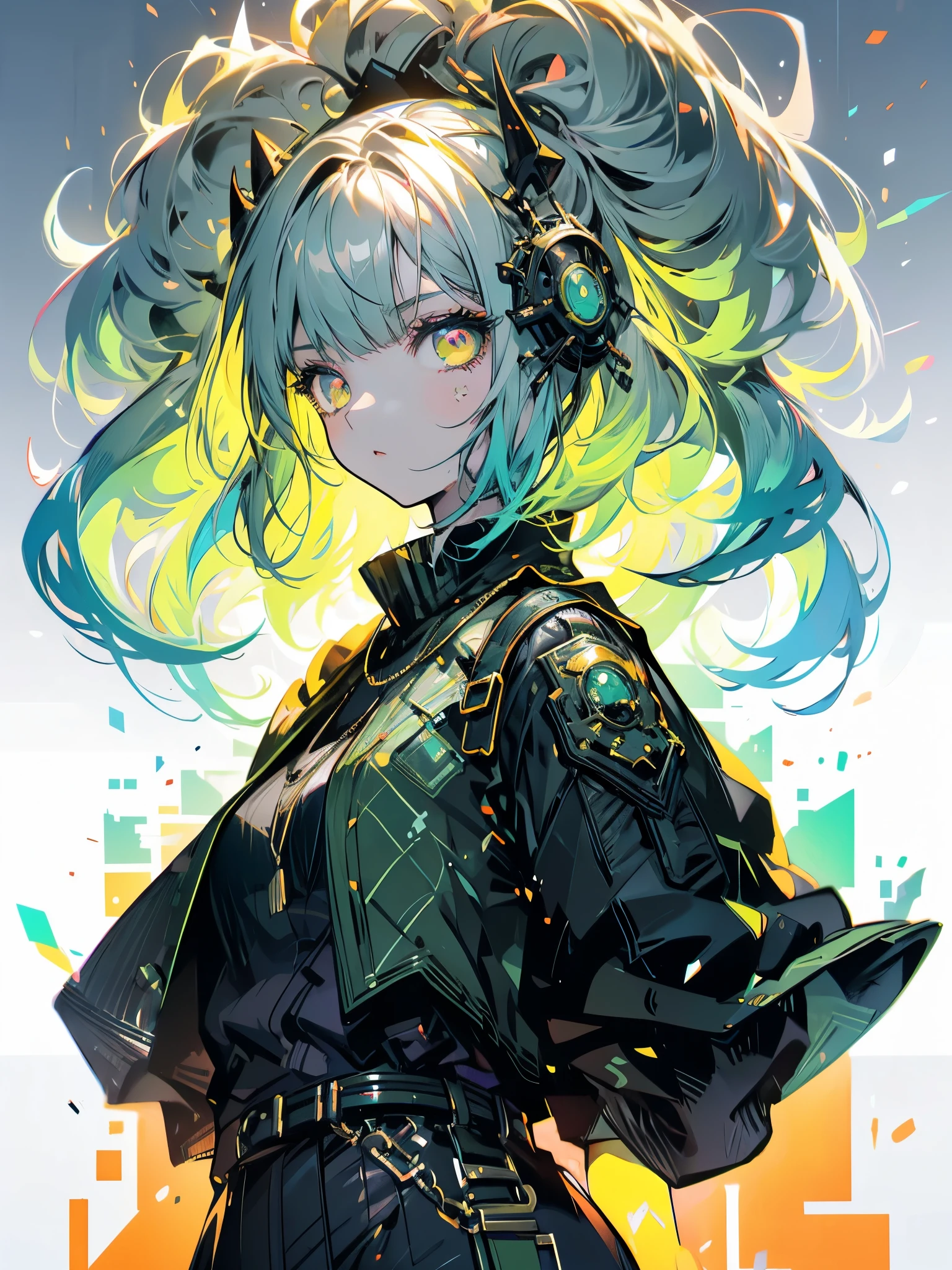 ((live 2D)) masterpiece, 1girl, full body, stands straight, steampunk clothes, military clothing, looking at viewer, detailed face, girl with green wavy hair, bangs, metal sheep horns, gradient hair, multicolored hair, light green hair, turquoise hair tips, wavy hair, gradient eyes, orange eyes, (simple background, white background: 1.3), big ass, thick ass, thick body
